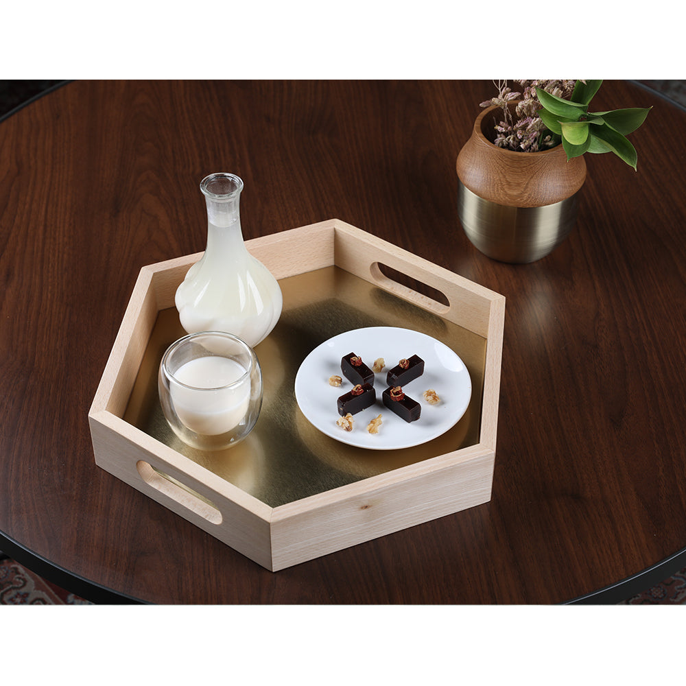 STAINLESS STEEL TOP HEXAGONAL WOOD TRAY