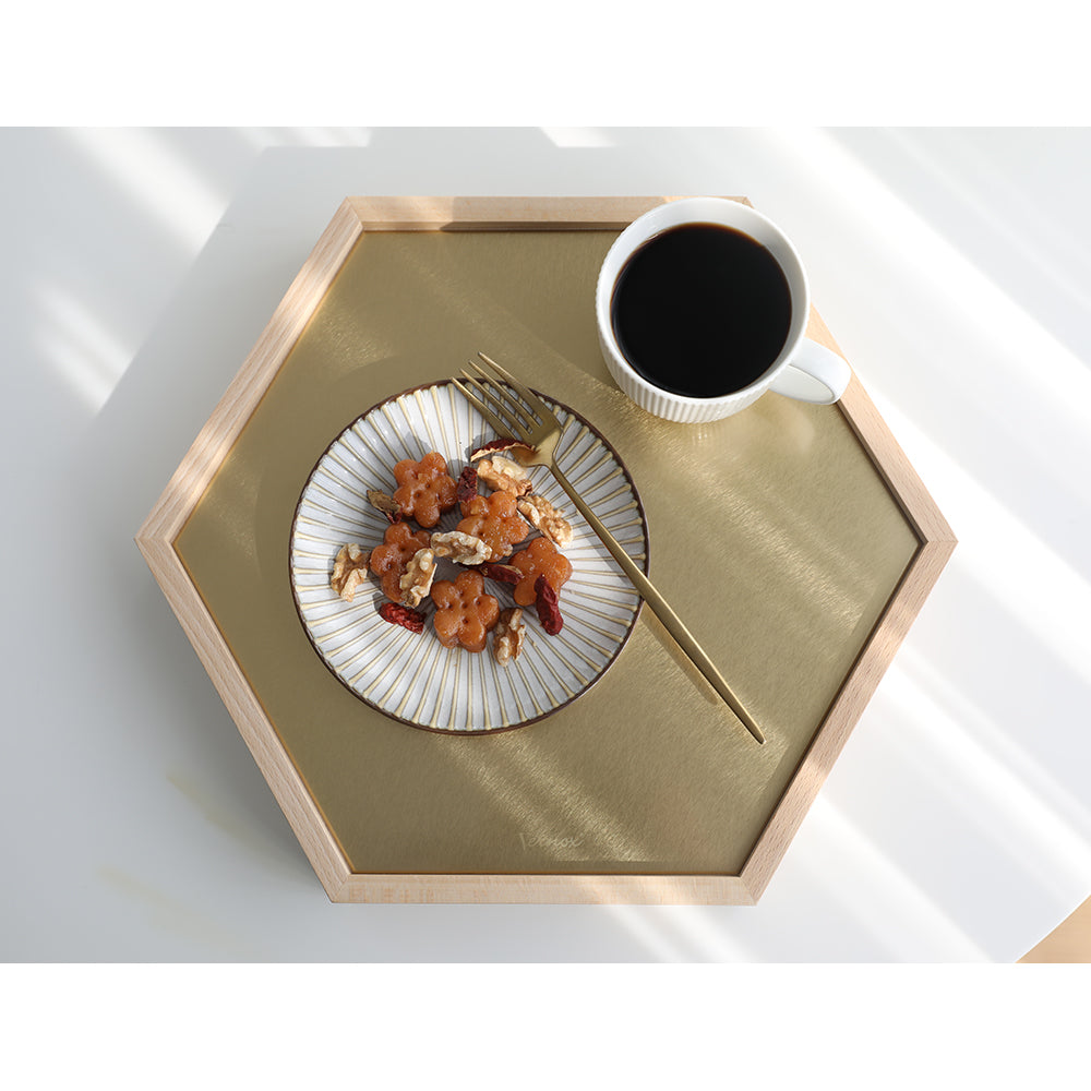 STAINLESS STEEL TOP HEXAGONAL WOOD TRAY